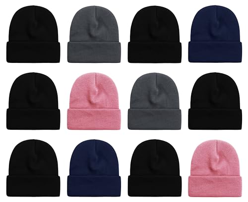 12 Pack Winter Beanie Hats for Men Women, Warm Cozy Knitted Cuffed Skull Cap, Wholesale