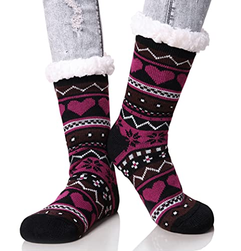 Dosoni Women's Winter Fuzzy Slipper Socks Non Slip Soft Cozy Fleece Lining Knit Thick Warm Christmas Socks (Black)