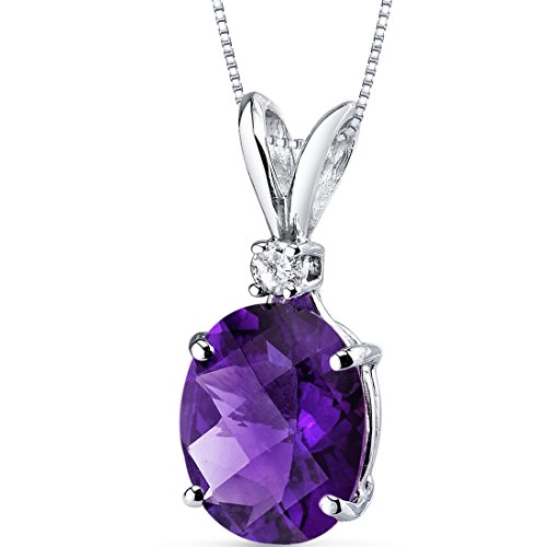 PEORA Solid 14K White Gold 2 Carats Amethyst with Diamond Pendant for Women, Genuine Gemstone Solitaire, Oval Shape 10x8mm