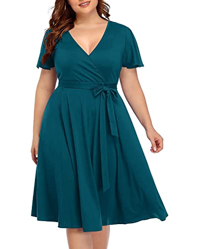 Peacock Dress Plus Size Wrap Midi A-Line Short Sleeve Casual Summer V-Neck Semi Formal Wedding Guest Sun Dress Women