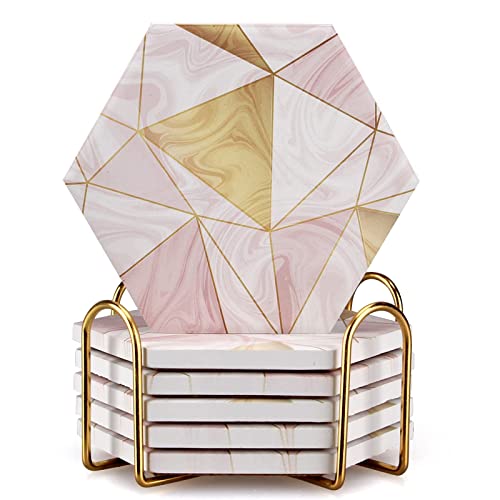 6 Pcs Pink Marble Coasters with Holder Gold Absorbent Drink Coasters Hexagon Cute Ceramic Table Coaster Set Decorative Bar Coasters Modern Coffee Cup Coasters