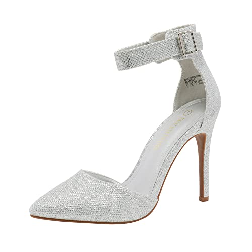DREAM PAIRS OPPOINTED-ANKLE Pointed Toe Ankle Strap D'Orsay Stiletto Pump, Silver Glitter, Size 8