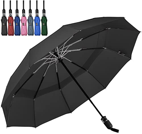 LANBRELLA Umbrella Travel Umbrella, Compact Folding Vented Double Canopy Umbrella Auto Open Close 10 rib - E1 Black