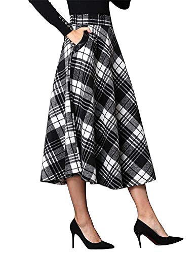 Midi Skirts for Women Midi Length High Waisted Black Maxi Skirt A Line Work Vintage Ladies Plaid Pleated Skirt with Pockets Fall Winter Dresses 2023, Black&White, M