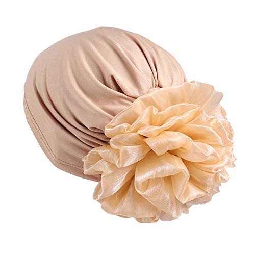 Muslim Women Flower Elastic Turban Beanie Head Scarf wrap Chemo Cap hat for Cancer Patient (Khaki)