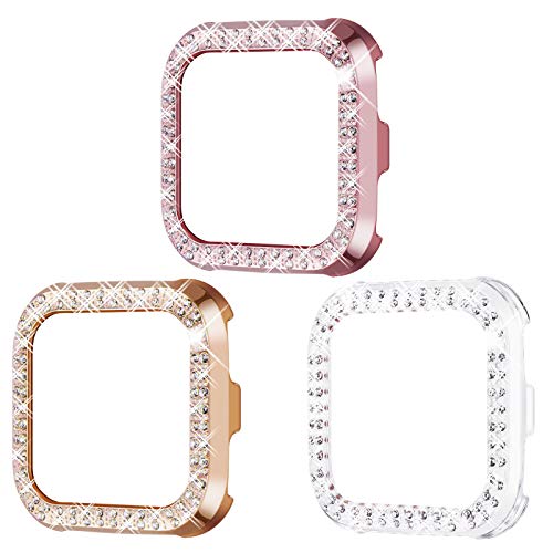 Surace Compatible for Fitbit Versa Case, Bling Crystal Diamond Frame Protective Case Compatible for Fitbit Versa Smart Watch (3 Packs, Rose Gold/Pink Gold/Clear