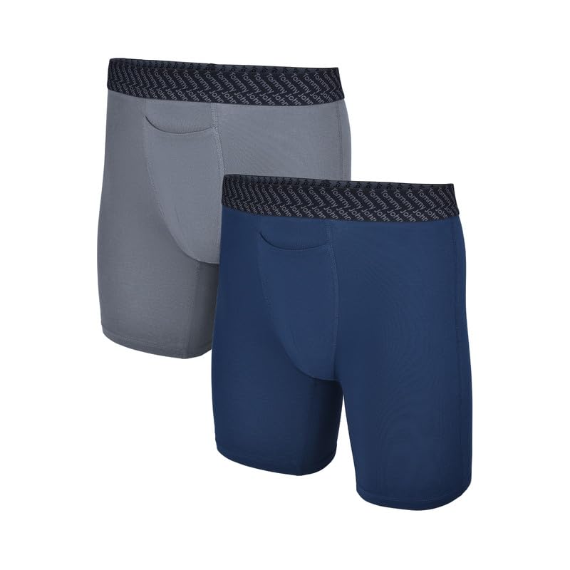 Tommy John Men’s Boxer Brief 8” - 2 pack - Underwear - Cotton Basics Boxers with Supportive Contour Pouch - Naturally Breathable Stretch Fabric (Dress Blues/Turbulence, Large)