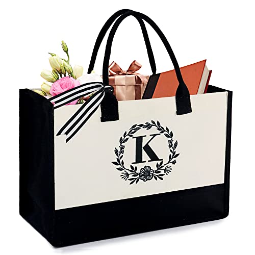 BeeGreen Personalized-Tote-Bags-Gifts-For-Women - Christmas Bag with Pocket for Friend Mom Teacher Her Sister Bosses Coworker Ma Large Unique Initial Canvas Bag Monogram Birthday K