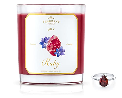Fragrant Jewels Birthstone Candle with Ring Inside - Ruby July, Size 7 | Rhodium Plated Ring with 11oz Prize Candle | Surprise Candles with Jewelry | Vegan Candle Ring Present/Birthday Gift