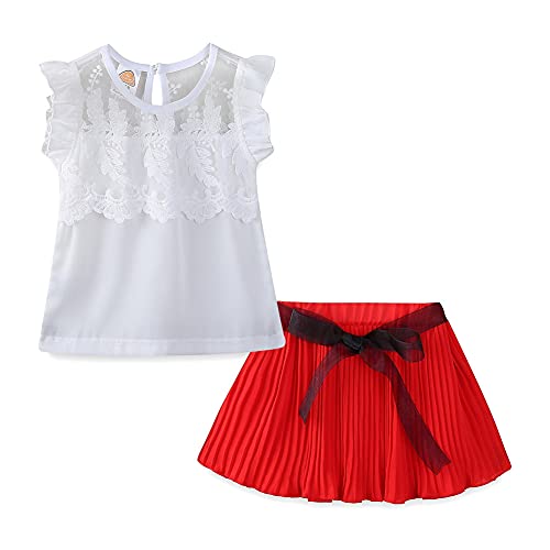 LittleSpring Summer Outfits for Little Girls Lace Tank Top and Skirt Set Red Size 6