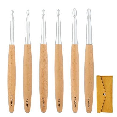 Yarniss Large Crochet Hooks Set 6.5mm,7.0mm,8.0mm,9.0mm,10.0mm, Beech Wood Handle Crochet Hooks K L M N