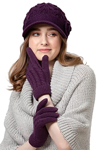 Womens Winter Elegant Cable Flower Knitted Newsboy Cabbie Cap Beret Beanie Hat with Visor, Warm Plush Fleece Lined