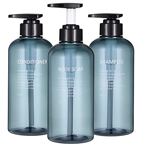 Shampoo and Conditioner Dispenser Bottles-3pcs 16.9oz Plastic Empty Refillable Pump Lotion Bottle Containers Set for Guest Bathroom Shower Body Wash, Reusable Cosmetic Labeled Bottles, Blue