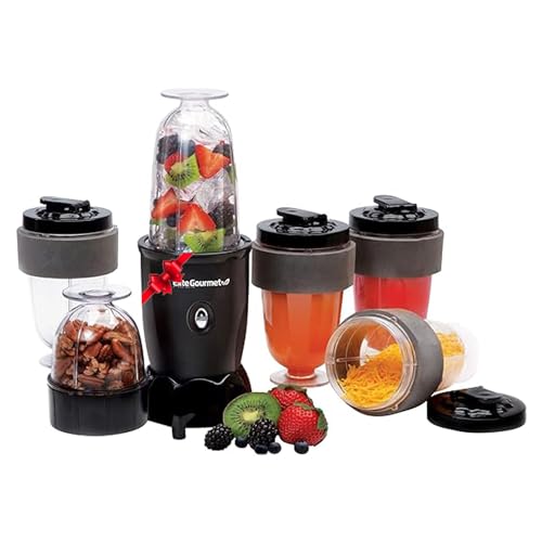 Elite Gourmet EPB-1800 17-Piece Personal Drink Mixer Blender, Sports Blender 16 Oz capacity, Includes Chopping and Blending Blade, Drink Lids and Extra Cups, Black