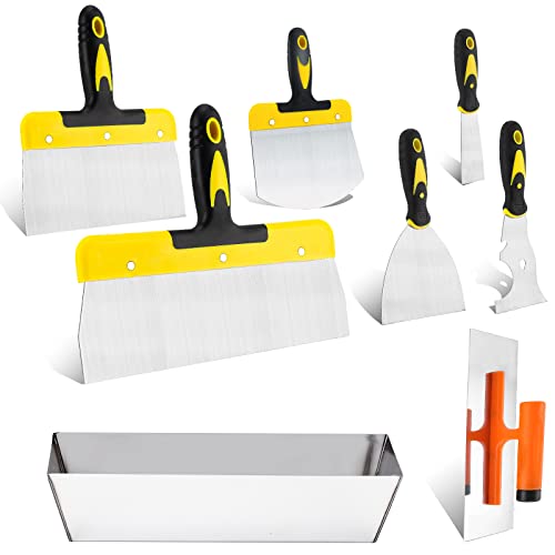 DEKEones Drywall Knife Set, 8 Pieces Stainless Steel Drywall Hand Tool Kit Includes Taping Knives, Putty Knives, Finishing Trowel, Mud Scoop and 12' Mud Pan with Ergonomic Handles for Drywall Work