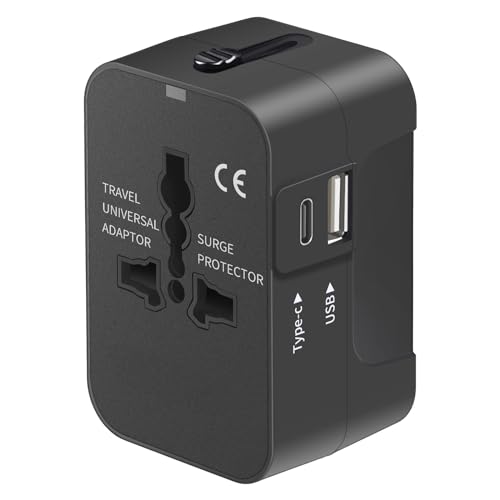 Travel Adapter, Worldwide All in One Universal Travel Adaptor Wall AC Power Plug Adapter Wall Charger with Dual USB Charging Ports for USA EU UK AUS Cell Phone Laptop Black