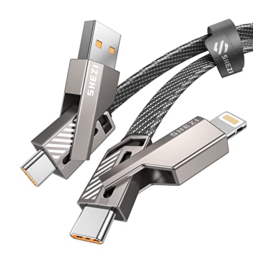 SHEZI 4-in-1 USB C Cable Lightning Cable 60W [Fast Charging & Data Sync] Flat Braided Multi iPad Charger Cord Combo Lightning/Type C/USB A Ports for iPhone 15/15 Pro/15 Plus/15 Pro Max, 5ft