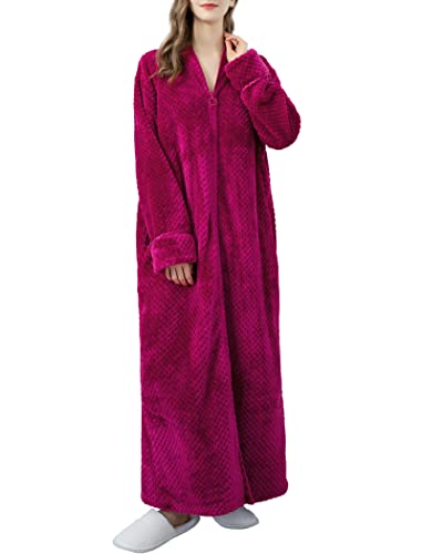 Locachy Women's Flannel Zip Warm Robe Cozy Fluffy Long Bathrobe Housecoats Nightgown Sleepwear Rose red L