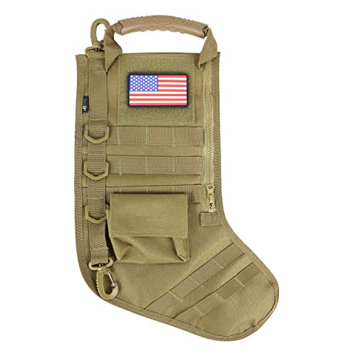 OSAGE RIVER Tactical Christmas Stocking with Handle, USA Patch, MOLLE Webbing, Zip Pocket, Christmas Stocking Gift for Firefighter Army Police Veteran, Khaki