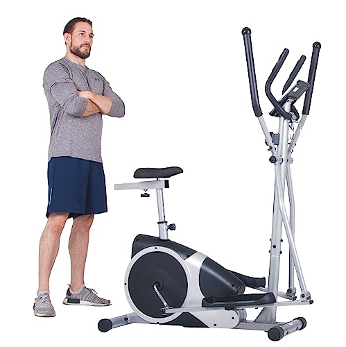 Body Champ Dual Trainer 2 in 1 Elliptical Upright Exercise Machine Low -Impact Stride Motion Quiet Flywheel Manual Resistance Control Pulse Sensors Heartrate Monitor with LCD Display BRM2780