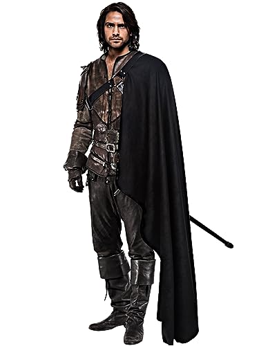 L'VOW Medieval Men's One Shoulder Shawl Cloak with Belt LARP Warrior Cape Medieval Halloween Costume(Black)