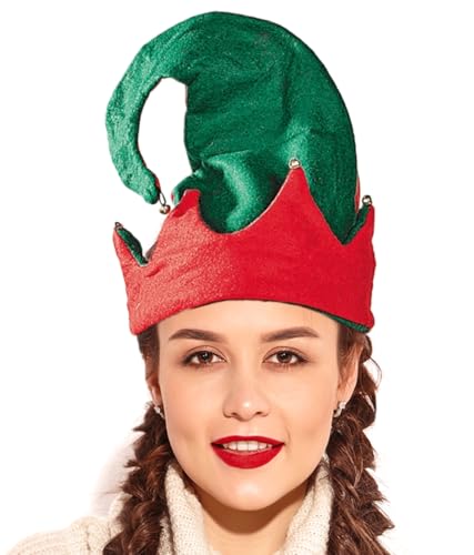 PMU Christmas Elf Hat with Jingle Bells Green and Red Felt, Christmas Celebration Costume Party Accessories Props and Party Supplies for Plays, Festivals, Photo Shoots (1/Pkg) Pkg/1