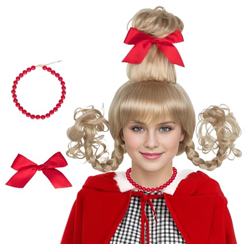 Miss U Hair Adult Women Girls Christmas Wig Long Blonde Braid Wig with Red Beads Necklace Bow