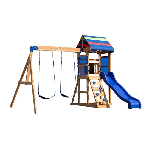 Backyard Discovery Bay Pointe All Cedar Wooden Swing Set, Large Upper Deck with Canopy, Sandbox, Rock Wall, Slide, Two Swings, Chalkboard Blue