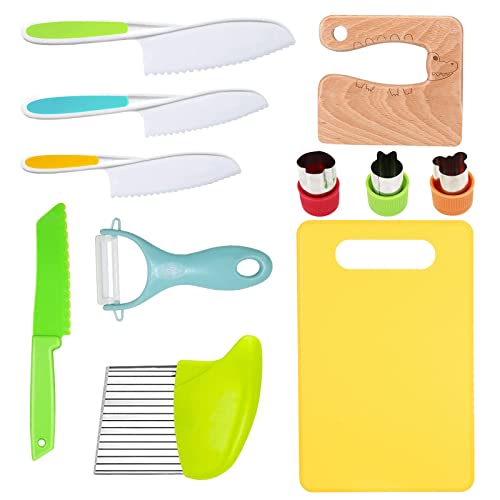 RISICULIS 11 Pieces Wooden Kids Kitchen Knife, Kids Knife Set Include Wood Kids Knife, Serrated Edges Plastic Toddler Knife, Crinkle Cutter, Sandwich Cutter, Y Peeler, Cutting Board
