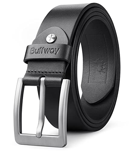 Buffway Minimalist 1.5' Full Grain Leather Belts for Men with Metal Buckle, Heavy Duty Mens Casual Belts in Gift Box- 48” Black
