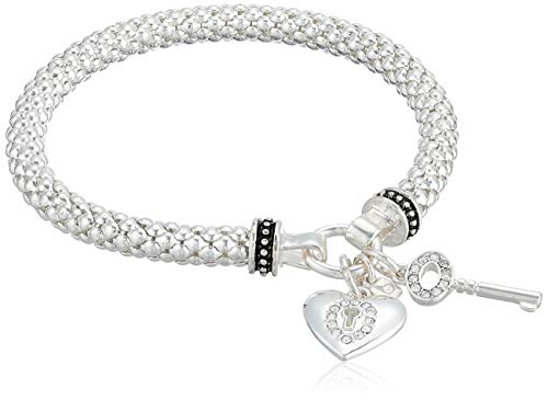 Nine West Women's Boxed Silver Heart Key Stretch Bracelet, Size: 0