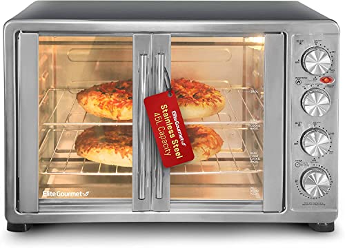 Elite Gourmet ETO4510B French Door 47.5Qt, 18-Slice Convection Oven 4-Control Knobs, Bake Broil Toast Rotisserie Keep Warm, Includes 2 x 14' Pizza Racks, Stainless Steel