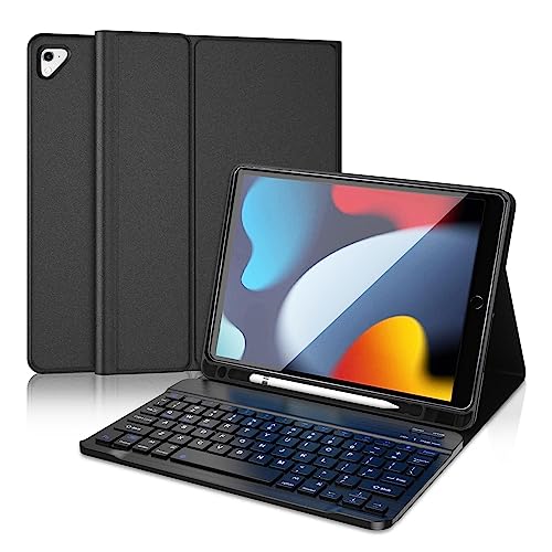 D DINGRICH iPad Case 10.2 with Keyboard 2021, Slim Smart Case - Built-in Pencil Holder - Protective Folio Stand Cover - Detachable Bluetooth Keyboard - iPad Keyboard Case 9th/8th/7th Generation, Black