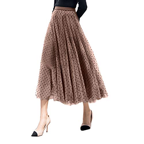 Women Tutu Tulle Skirt Elastic High Waist Layered Skirt Floral Print Mesh A-Line Midi Skirt (Dots Khaki, One Size)