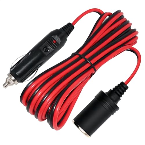 Cigarette Lighter Extension Cord Plug 13FT - 14AWG Car Charger Cable 12-24v Male Plug to Female Socket 15A Power Adapter with LED Lights for Air Compressor Tire Pump Cooler Fridge
