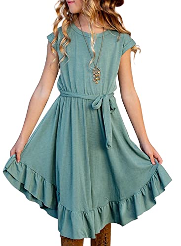 Eytino Girls Ruffle Maxi Dress Summer Crewneck Short Sleeve Fan Swing Long Dresses with Belt,12-13Y Green