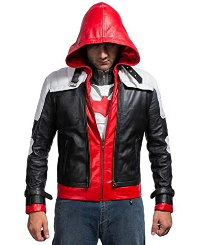 Canadian Leather Arkham Knight Red Hooded Bat Style Men's Vest and Jacket 2 in 1 Premium Quality PU (X-Large)