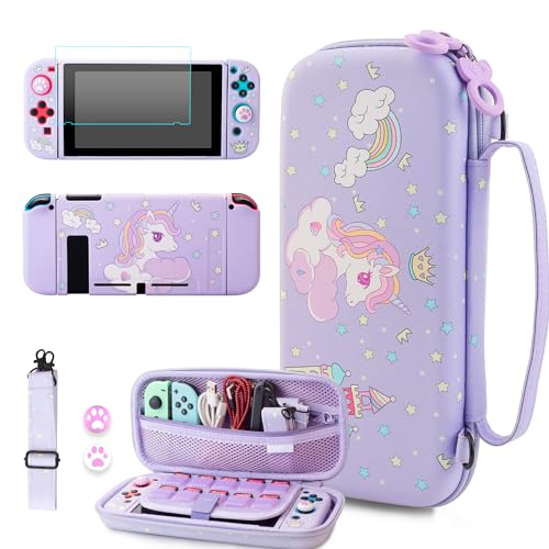 HYPERCASE Purple Switch Carrying Case of Unicorn, Cute Accessories Bundle Kit for Nintendo Switch with Travel Storage Bag+TPU Soft Protective Skin Cover+HD Screen Protector+Shoulder Strap+2 Thumb Caps