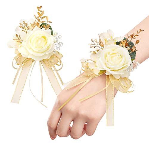 Rose Wrist Corsage and Boutonniere Set Artificial Corsage Wristlet Bracelet for Wedding Decorations Prom Ceremony Accessories (2pcs, Champagne)