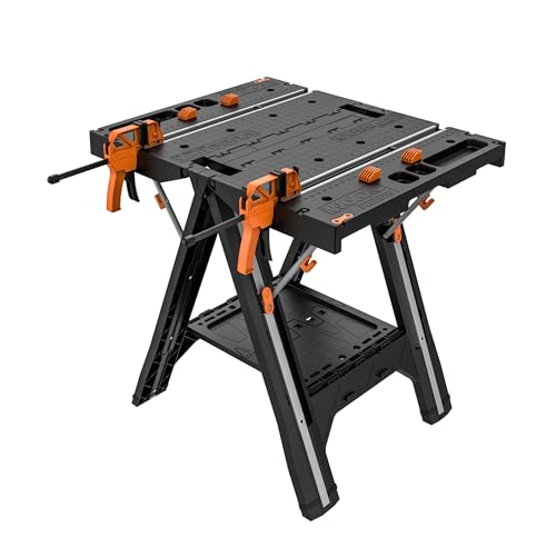 Worx Pegasus 2-in-1 Folding Work Table & Sawhorse, Easy Setup Portable Workbench, 31' W x 25' D x 32' H Lightweight Worktable with Heavy-Duty Load Capacity, WX051 - includes 2 Clamps & 4 Clamp Dogs