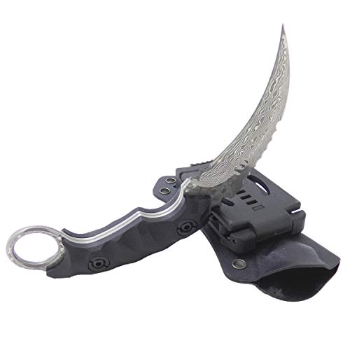 MASALONG Outdoor Survival claw Tactical teeth Knife Double edged sharp Fixed Blade Knife With Sheath (Damascus full tang)