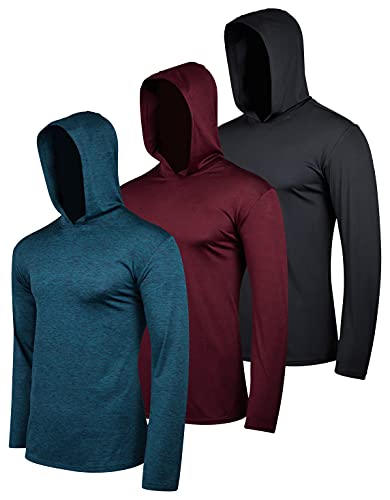 3 Pack: Men’s Quick Dry Fit Moisture Wicking Long Sleeve Active Athletic Hoodie Performance Hooded T Shirt Workout Running Fitness Gym Sports Casual Sweatshirt UPF 50 Outdoor Hiking-Set 2, Large