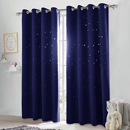 NICETOWN Romantic Starry Sky Curtain - Room Darkening Nap Time Essential Nursery Window Drape for Galaxy Themed Bedroom with Hollow Stars (Sold Individually, W52 x L84 inches, Navy Blue)