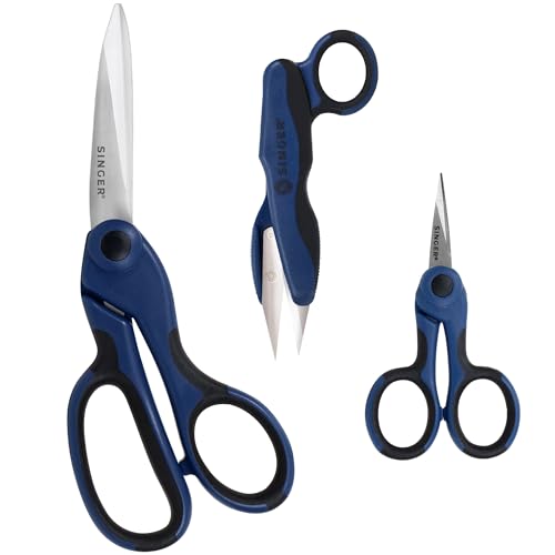 SINGER ProSeries Sewing Scissors Bundle, 8.5' Heavy Duty Fabric Scissors, 4.5' Detail Embroidery Scissors, 5' Thread Snips with Comfort Grip (Dark Blue)