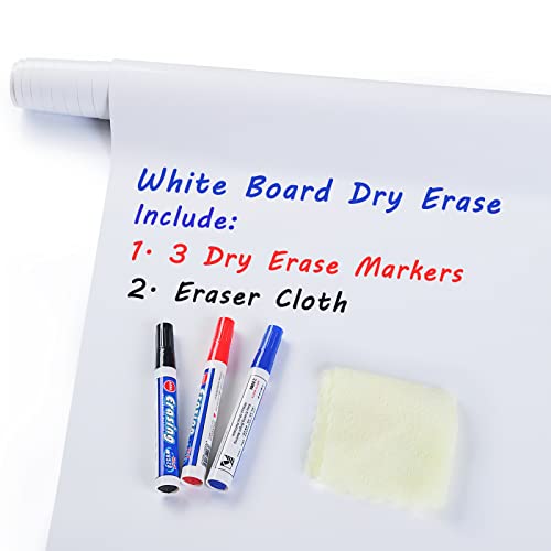 Bloss White Board Dry Erase, 17.7×98.4 Inch Long with 3 Dry Erase Marker, Peel and Stick Whiteboard Paper, Dry Erase Sticker for Wall, Classroom, Office, Home and for Kids Drawing.