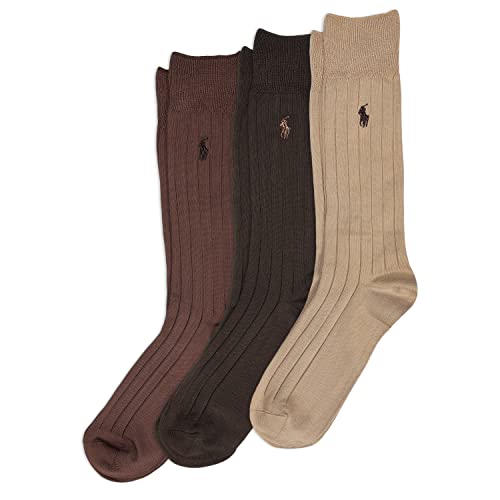 POLO RALPH LAUREN Men's Super Soft Ribbed Dress Crew Socks 3 Pair Pack - Lightweight Comfort, Brown Assorted, 6-12.5
