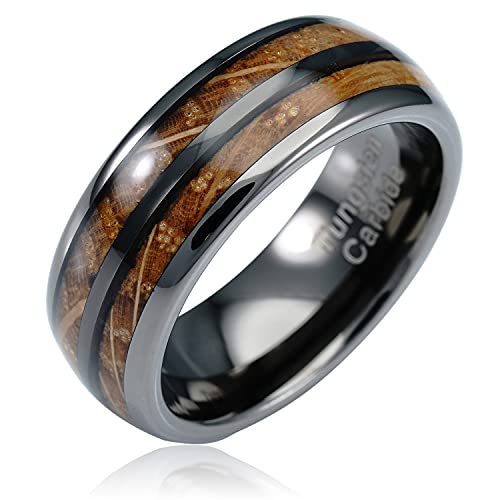 100S JEWELRY Gunmetal Gray Tungsten Rings For Men whiskey barrel Wood grain Inlay wooden Wedding Promise Engagement Band Size 6-16 (Custom Text Engraving, 12)