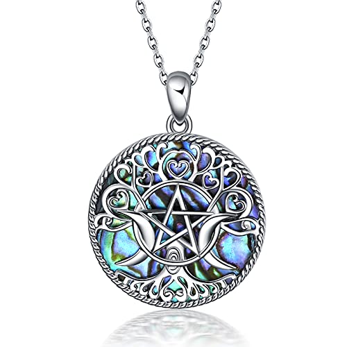 YFN Triple Moon Goddess Necklace Sterling Silver Pentagram Pentacle Opal Pendant necklace Pagan Wiccan Magic Amulet Tree of Life Jewelry for Women Men 18' (A-Abalone Triple Moon Necklace)