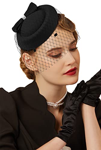 Fascinators Hats 20s 50s Hat Pillbox Hat Cocktail Tea Party Headwear with Veil for Girls and Women(C-Black)