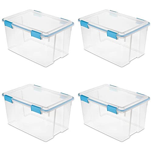 Sterilite 54 Qt Gasket Box, Stackable Storage Bin with Latching Lid and Tight Seal, Plastic Container to Organize Basement, Clear Base and Lid, 4-Pack
